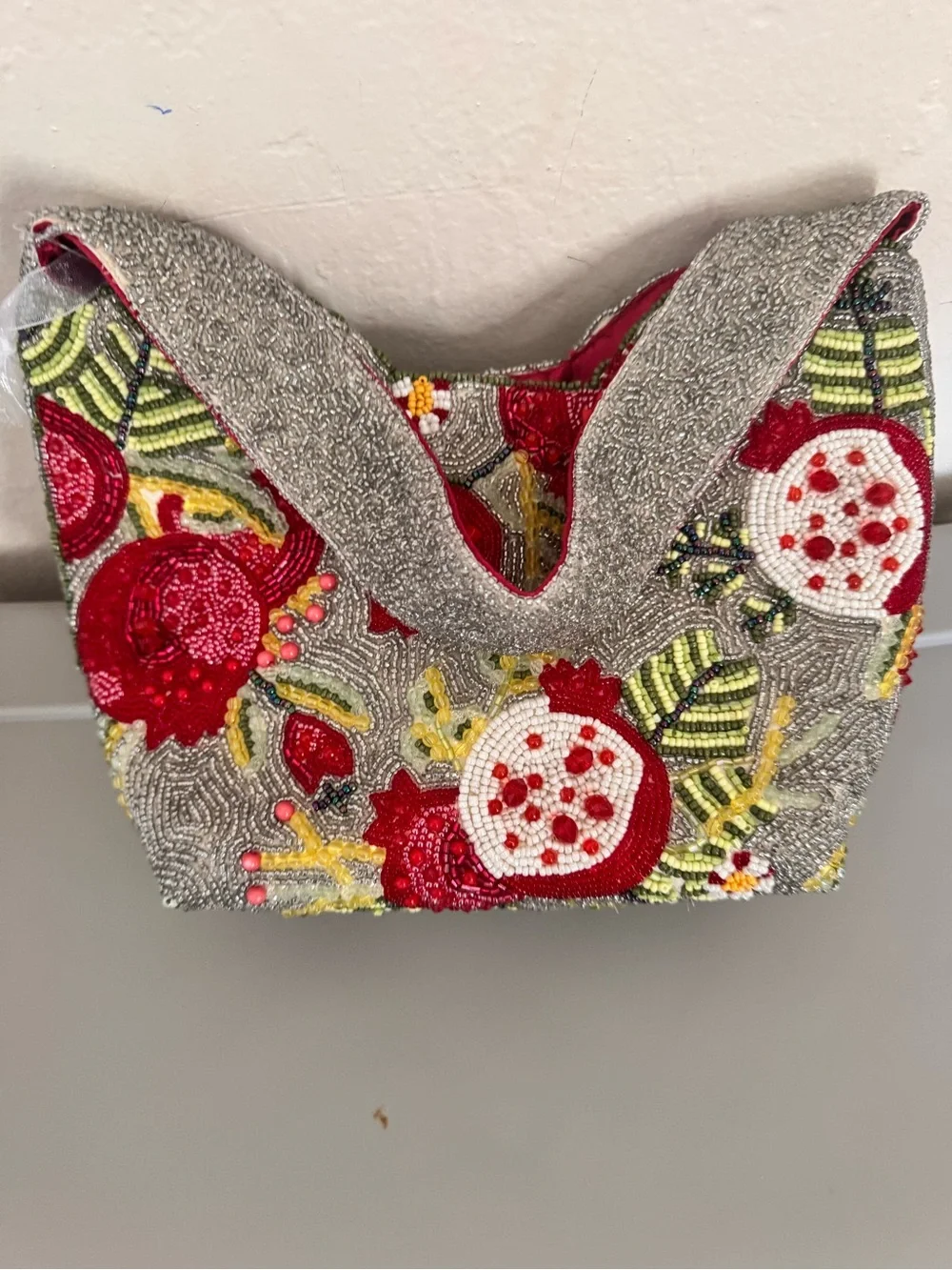 Beaded Red Pomegranate Clutch with Wrist Handle